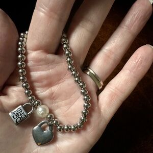 Beaded silver tone with pearl and heart charm bracelet with silver tone toe ring